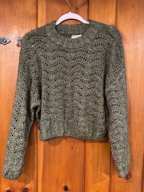 Urban Outfitters Olive Openwork Crewneck Sweater